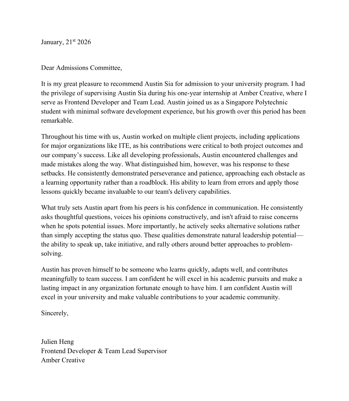 Letter of recommendation from Julien Heng
