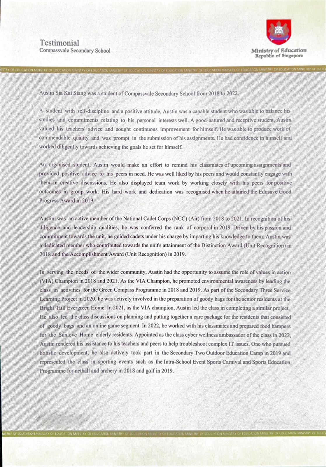 Letter of recommendation from Compassvale Secondary School