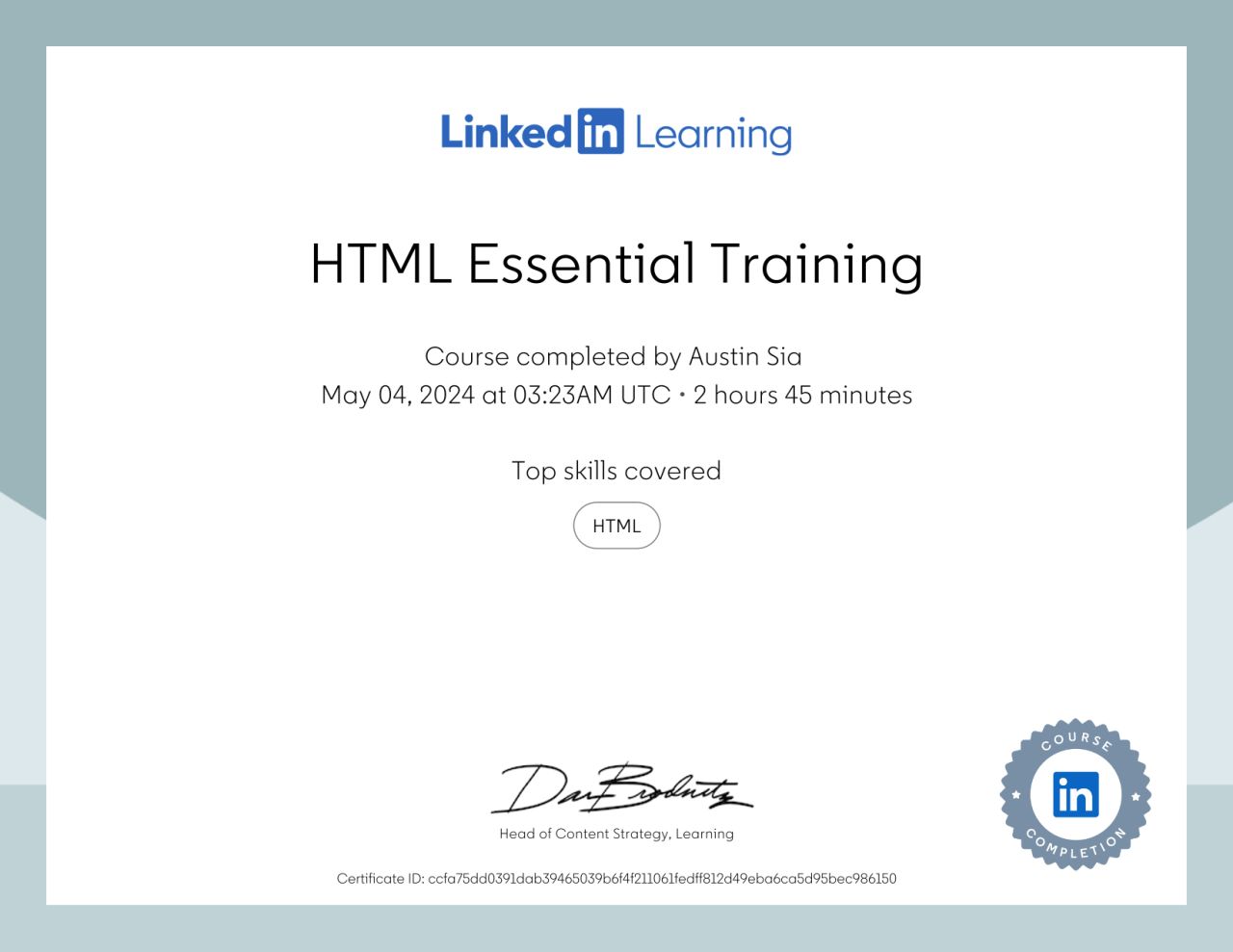 HTML Essential Training certificate