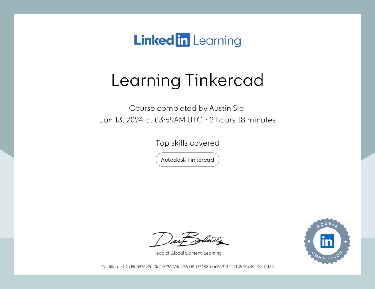 Learning Tinkercad certificate