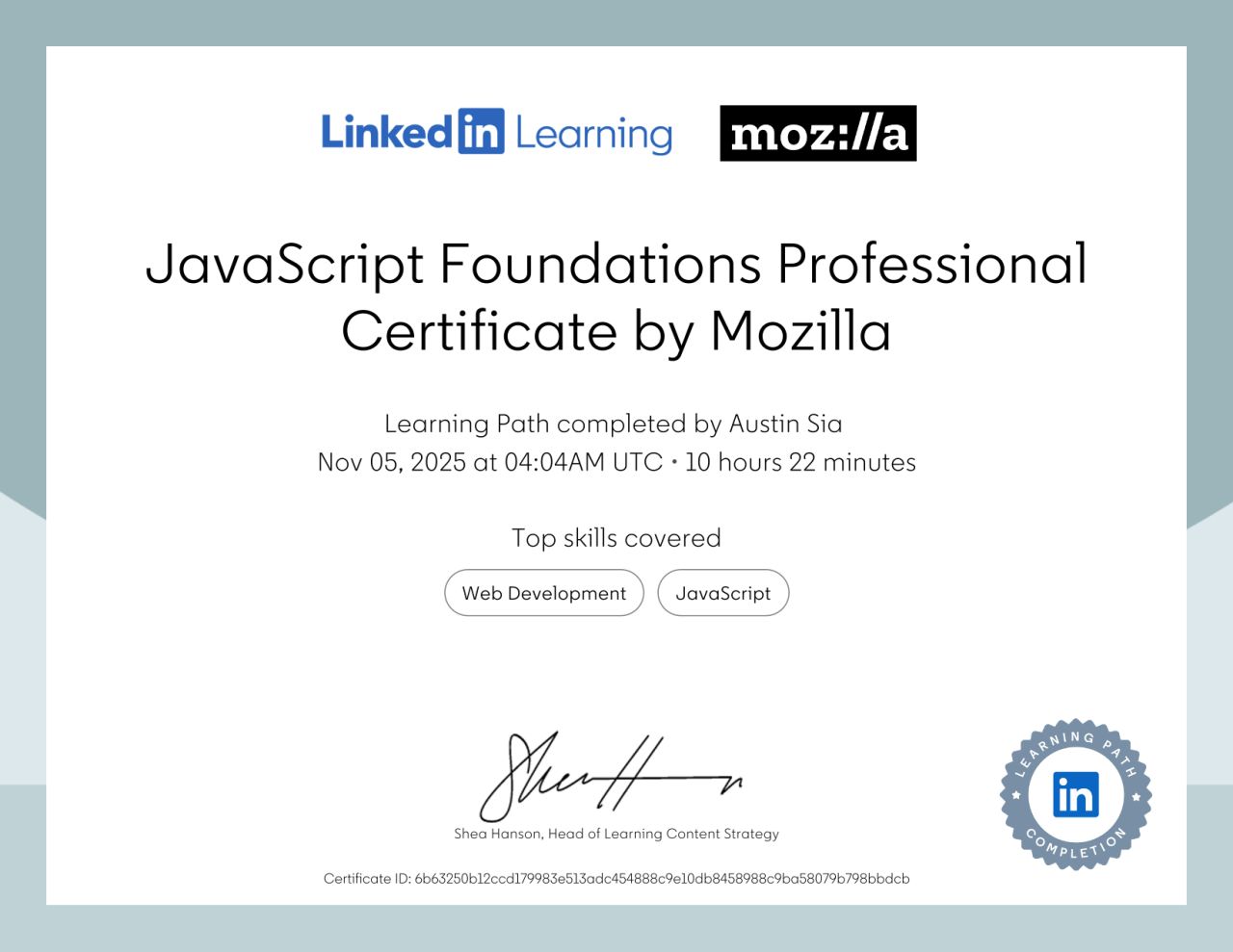 JavaScript Foundations Professional Certificate certificate