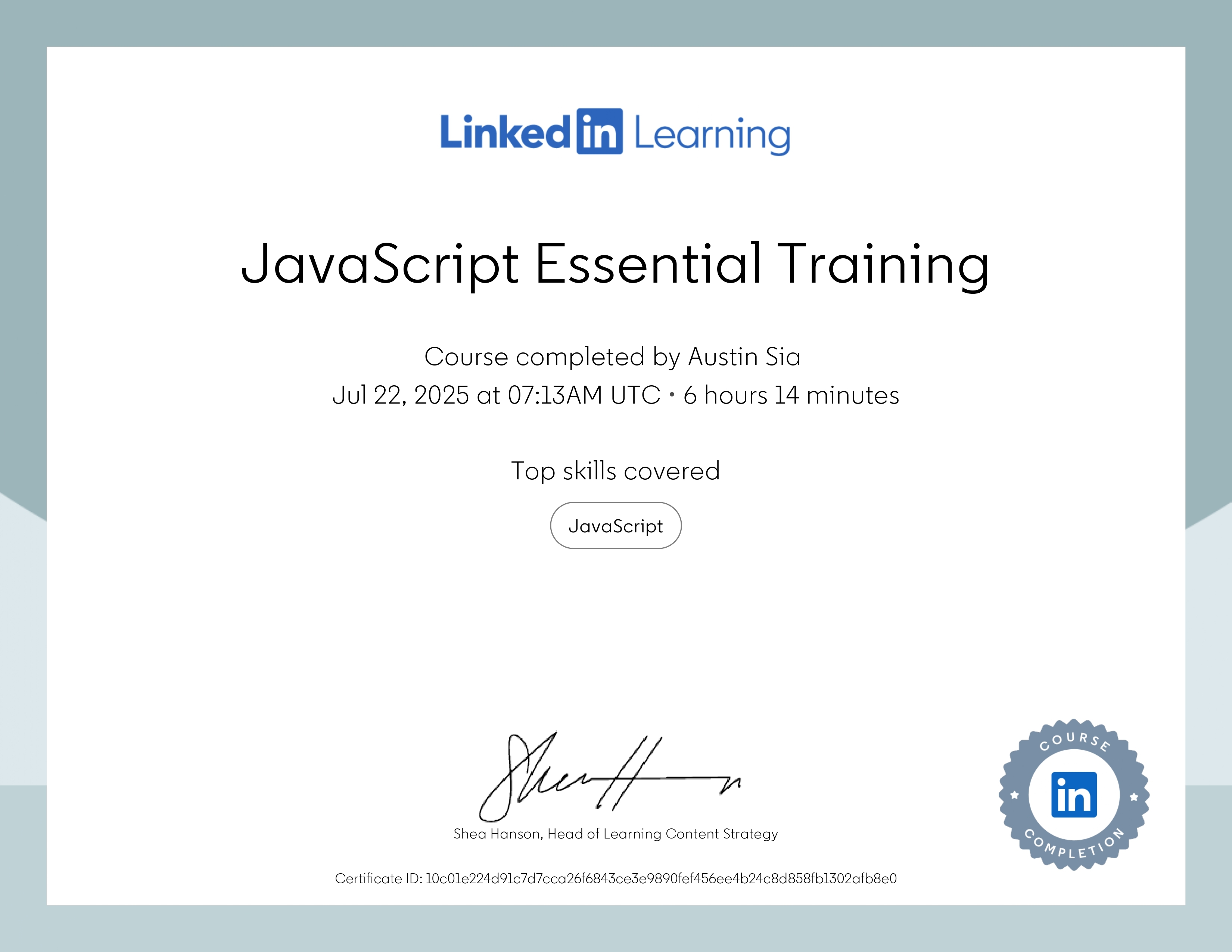 JavaScript Essential Training certificate