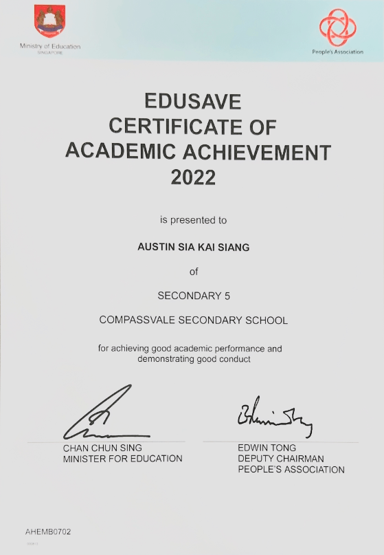 Edusave Certificate of Academic Achievement 2022 certificate