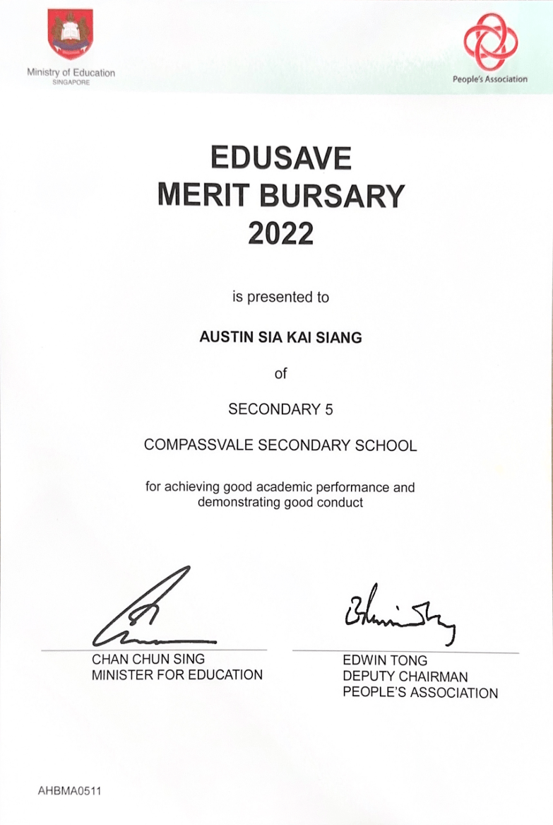 Edusave Merit Bursary 2022 certificate