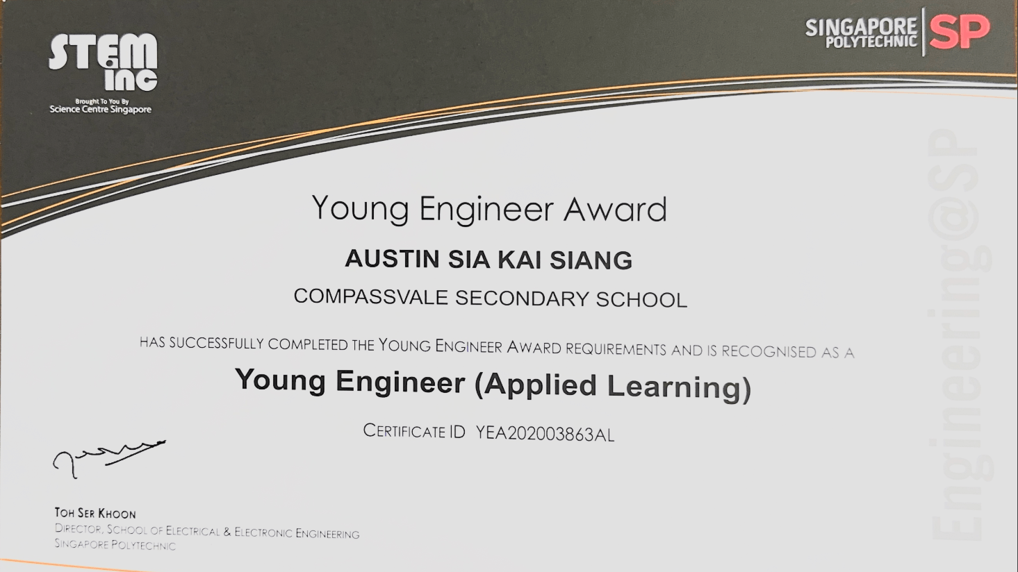YEA Award 2022 certificate