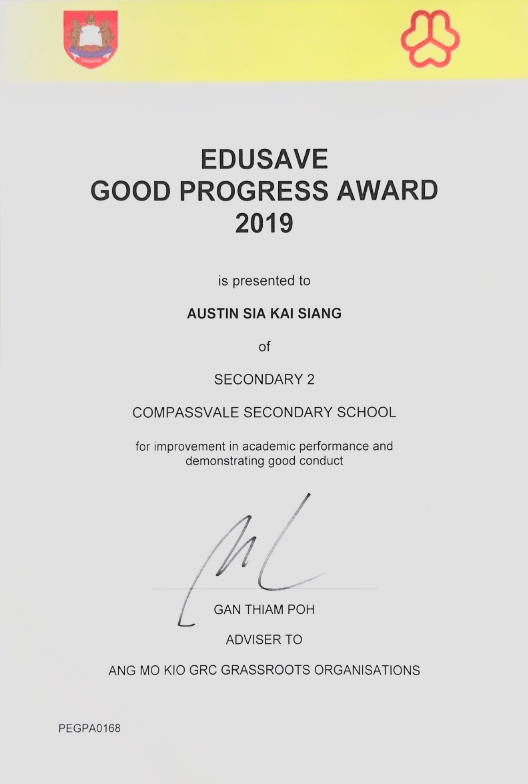 Edusave Good Progress Award 2019 certificate