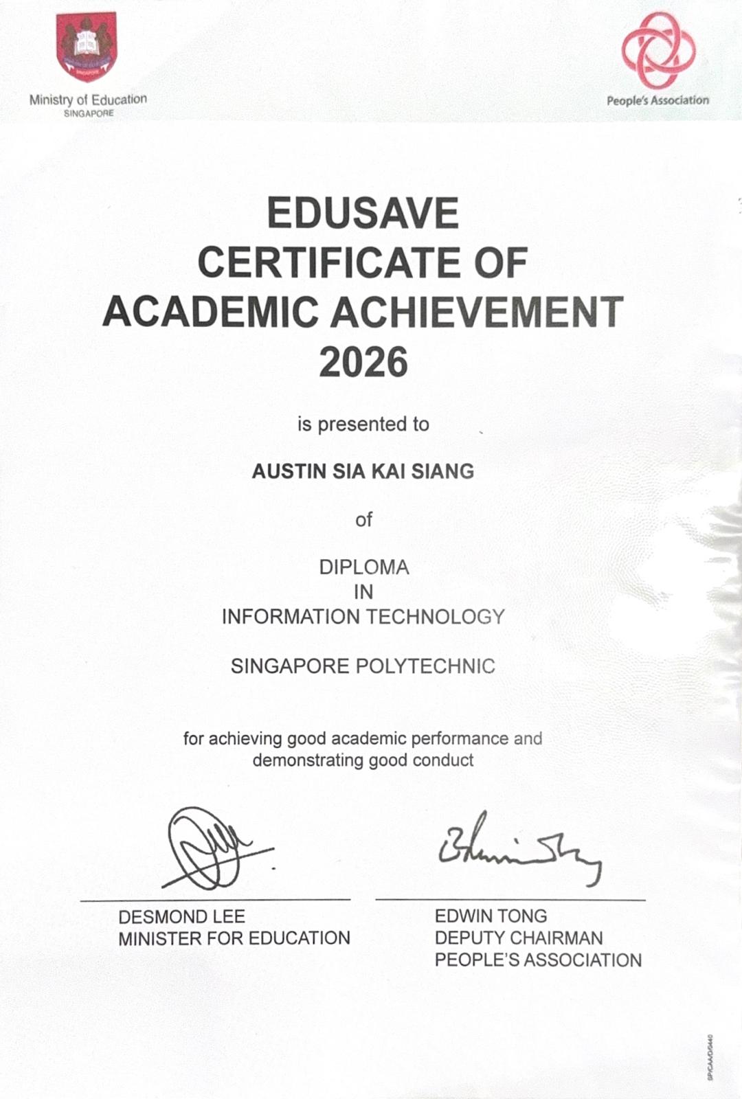 Edusave Certificate of Academic Achievement 2026 certificate