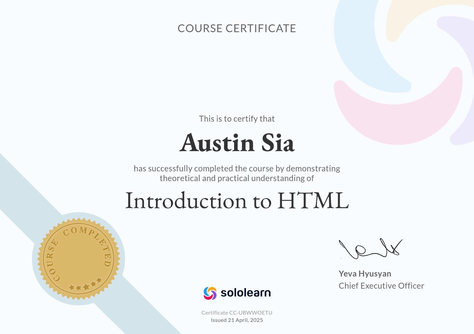 Introduction to HTML certificate