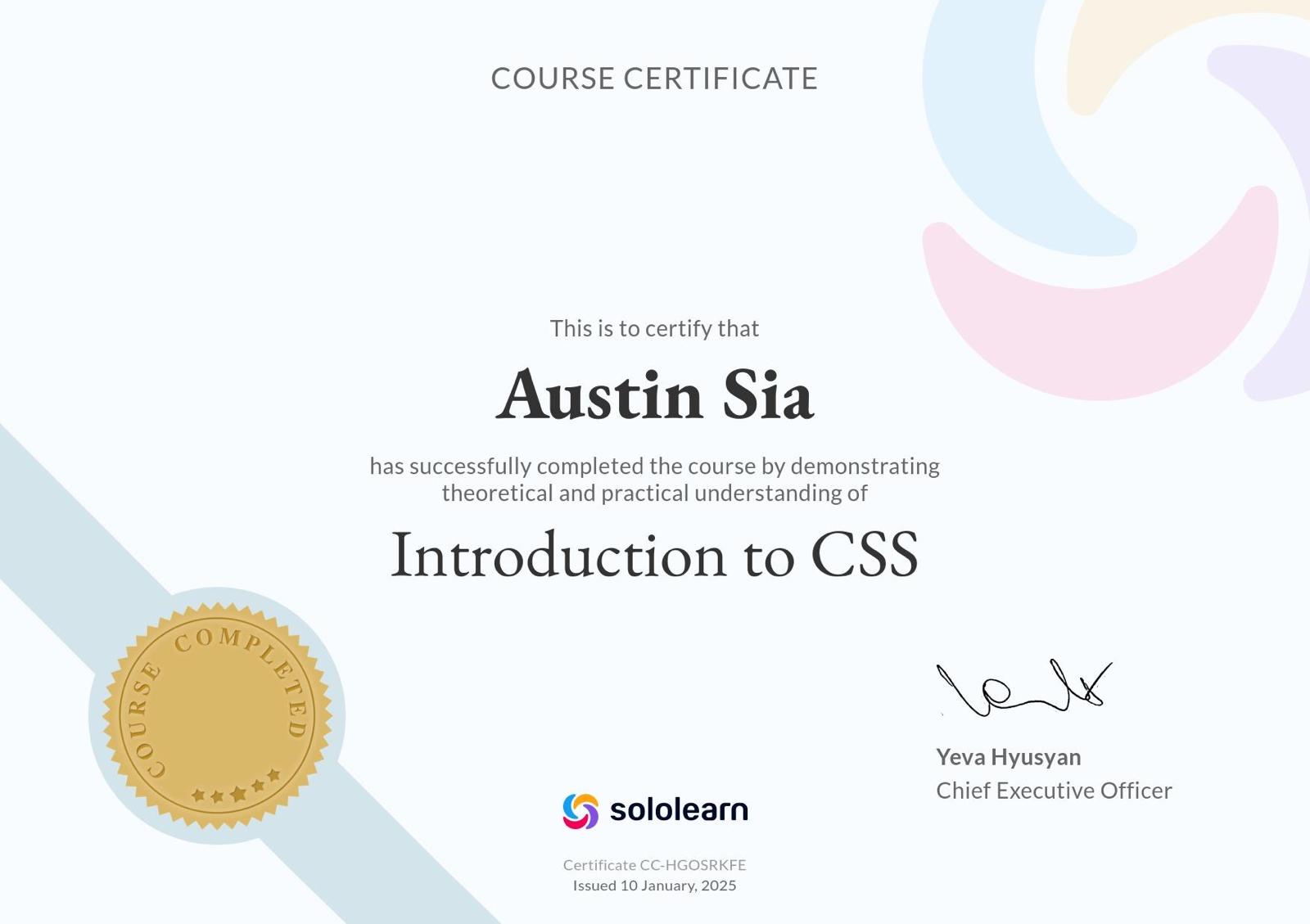 Introduction to CSS certificate