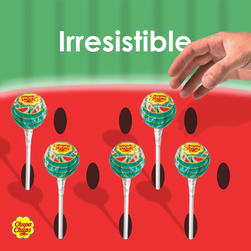 Chupa Chups lollipop advertisement on a watermelon background