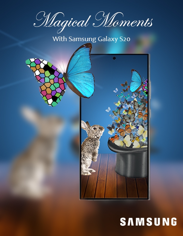 Samsung Galaxy S20 advertisement with butterflies and a rabbit