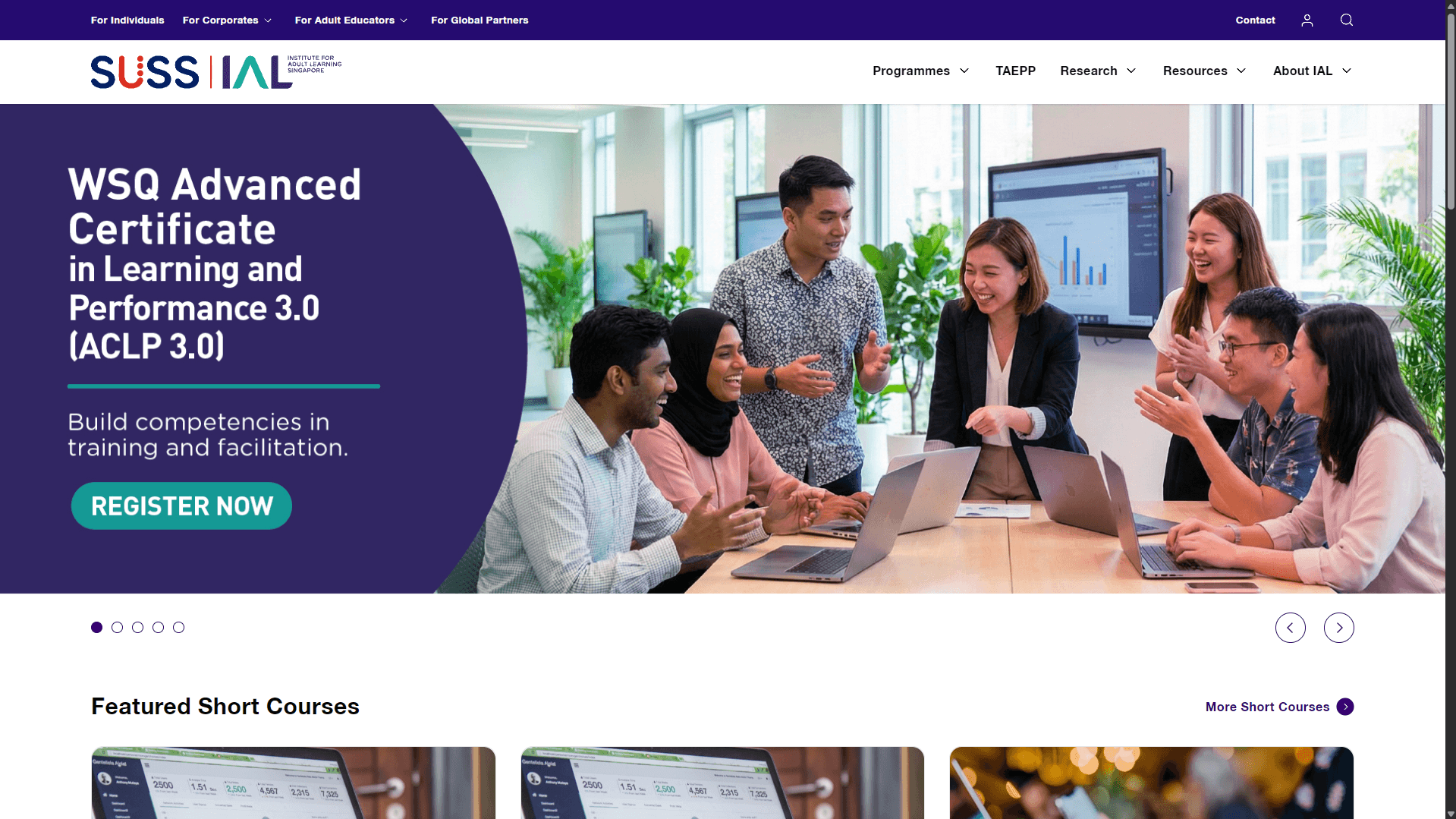 The Institute for Adult Learning homepage, with a banner for the WSQ Advanced Certificate in Learning and Performance