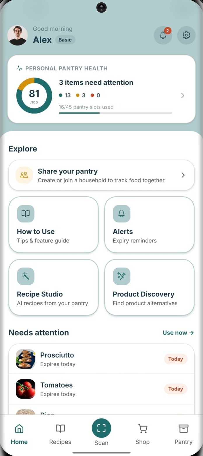 StillGood home screen showing pantry health and items that need attention