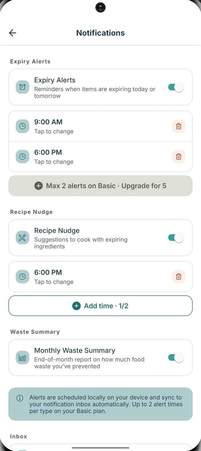 StillGood alert settings for expiry alerts, recipe nudges and the monthly waste summary